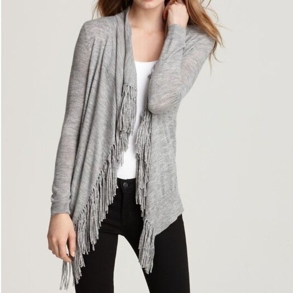 Rebecca Taylor Gray Fringe Draped Sweater Cardigan